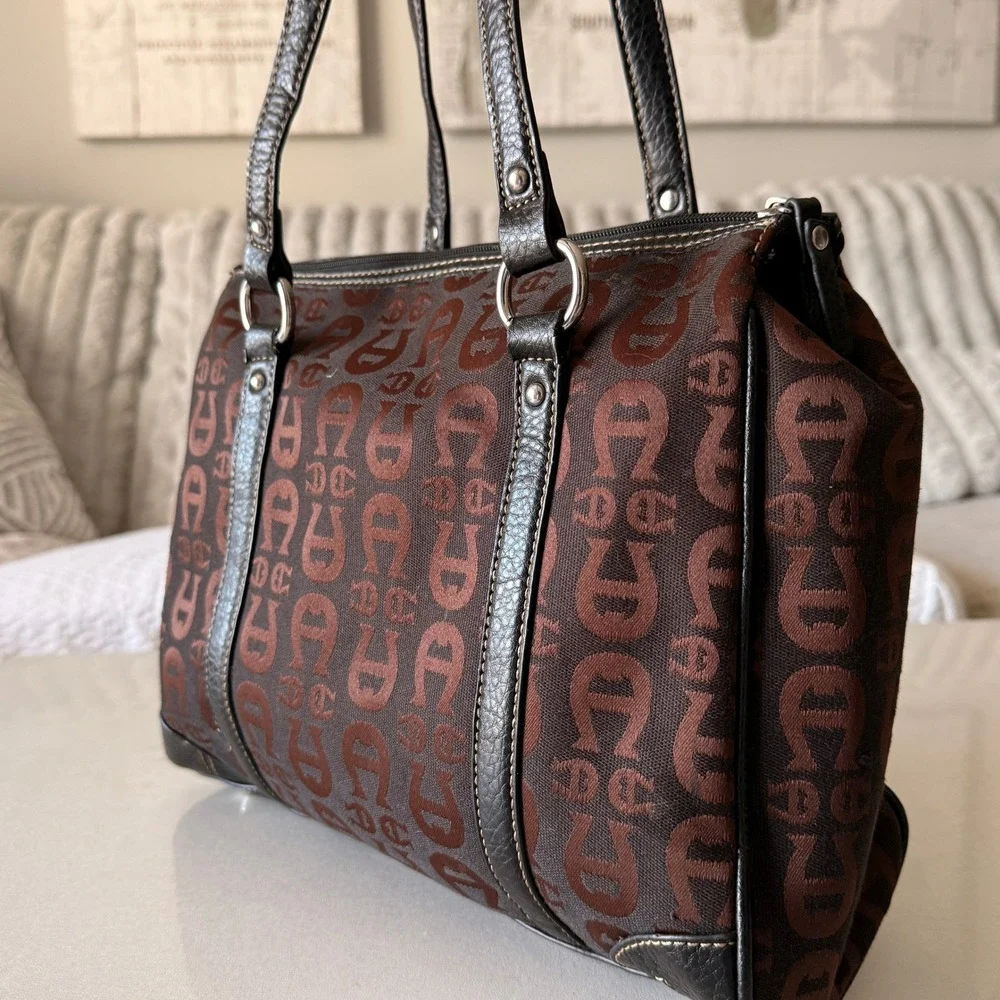Etienne Aigner Monogram Jacquard Shoulder Bag Brown Black Leather Trim Horseshoe
